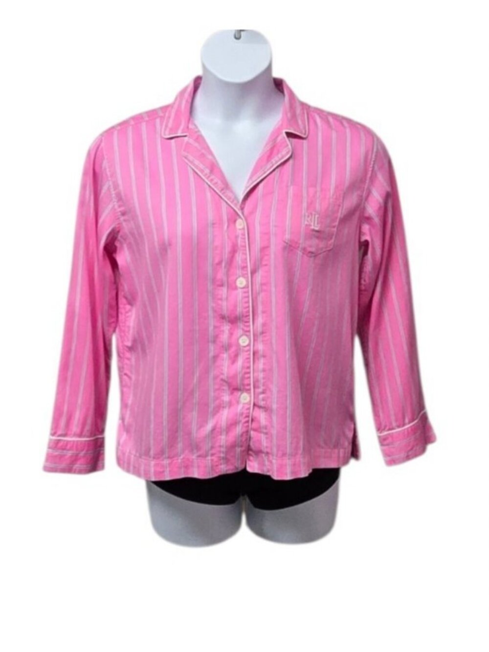 Lauren Ralph Lauren Size Medium Pink Striped Pajama Top Embroidered Logo